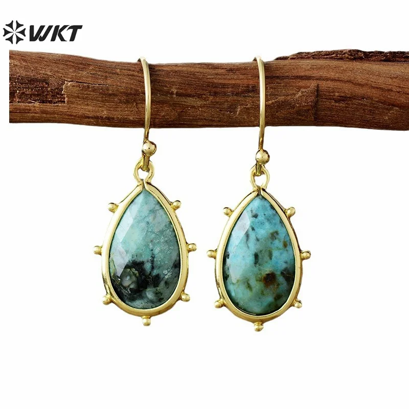 

WT-E782 Wholesale Ladies Jewelry Gold Plated With Natural Gemstones African Turquoise Stone Earrings Water Drop Shape Design
