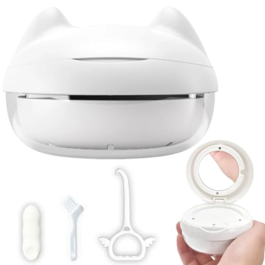 Retainer Case Denture Bath Case Basket Mirror Leak-proof White Cat 2-in-1 design Strainer Basket No-Leak Cleaning Case for Mout