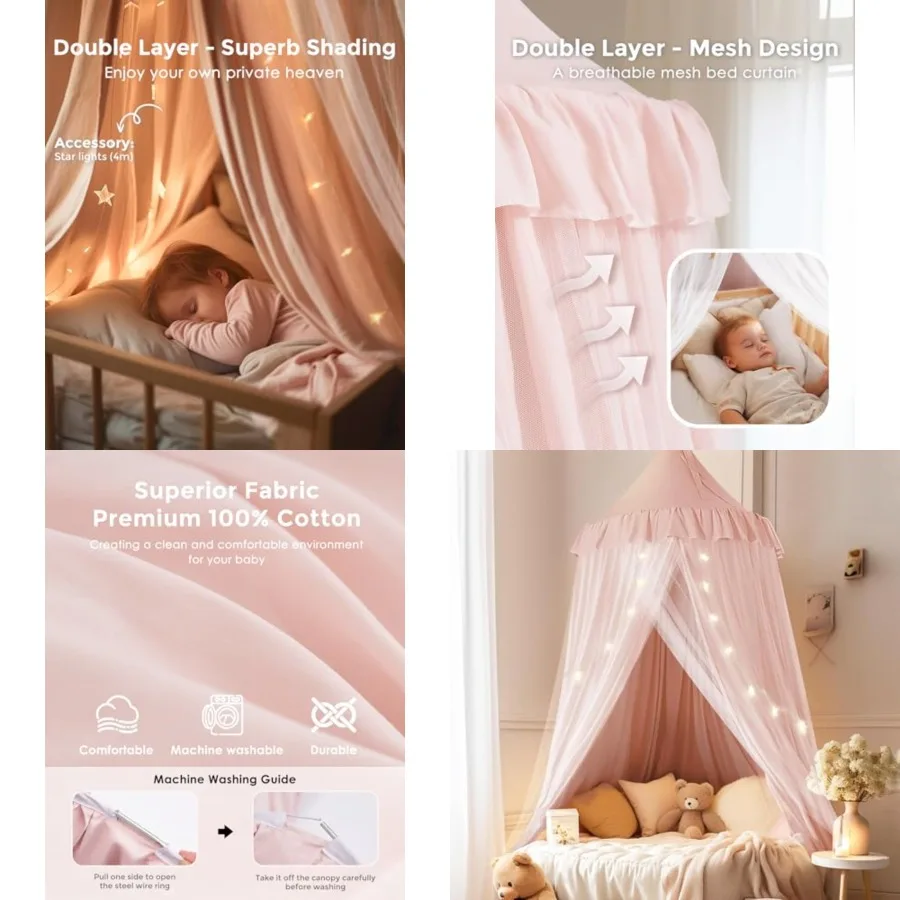 

Bed Canopy with Star Lights, Double Layer Canopy for Bed, Princess Play Tent for Girls Room, Breathable Bed Curtain for Reading