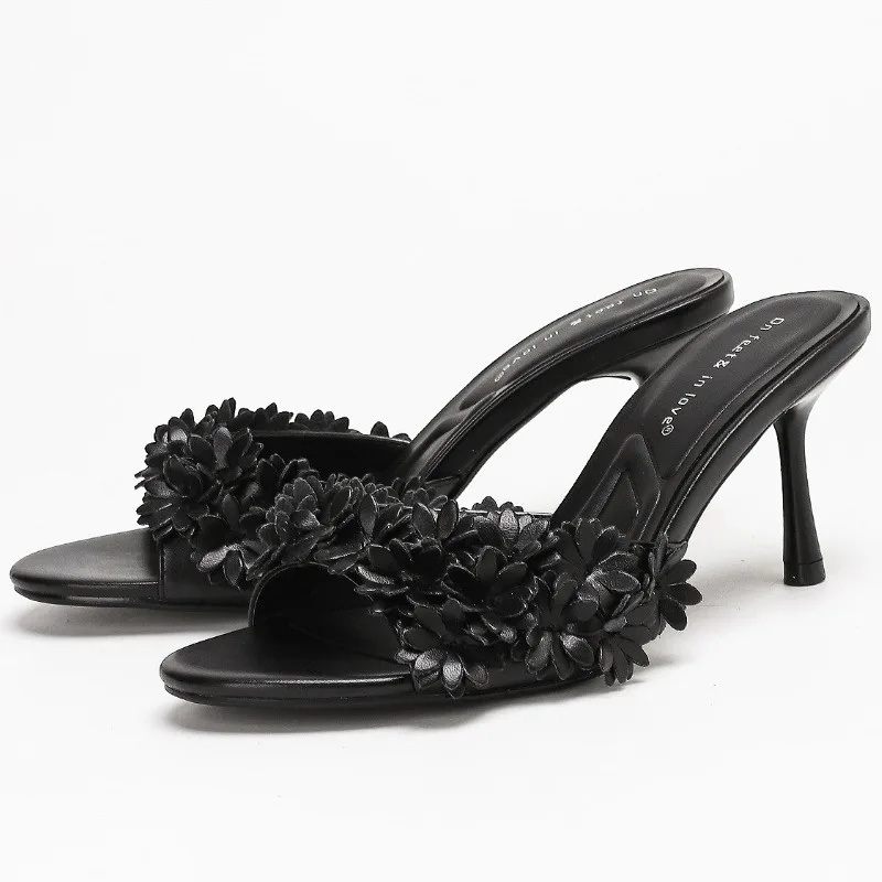 

Sweet Floral Design Heeled Slippers for Women Elegant Summer Slides Sandals for Women Sexy Open Toe Party Designer Pumps Ladies