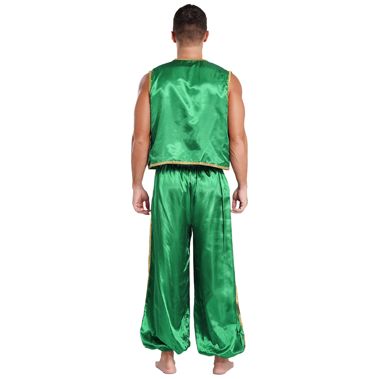 Mens Halloween Arabian Prince Costume Open Front Vest and Elastic Waist Pants Outfits Fairytales Cosplay Indian Dress Up Suits