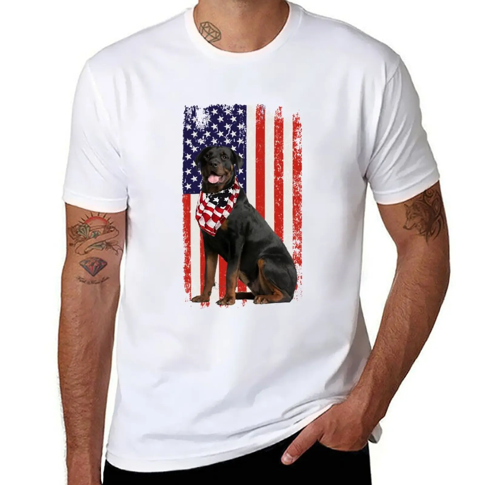 

American Flag Rottweiler T-Shirt man tshirt man t shirt summer t shirts for man pack cotton T-Shirt