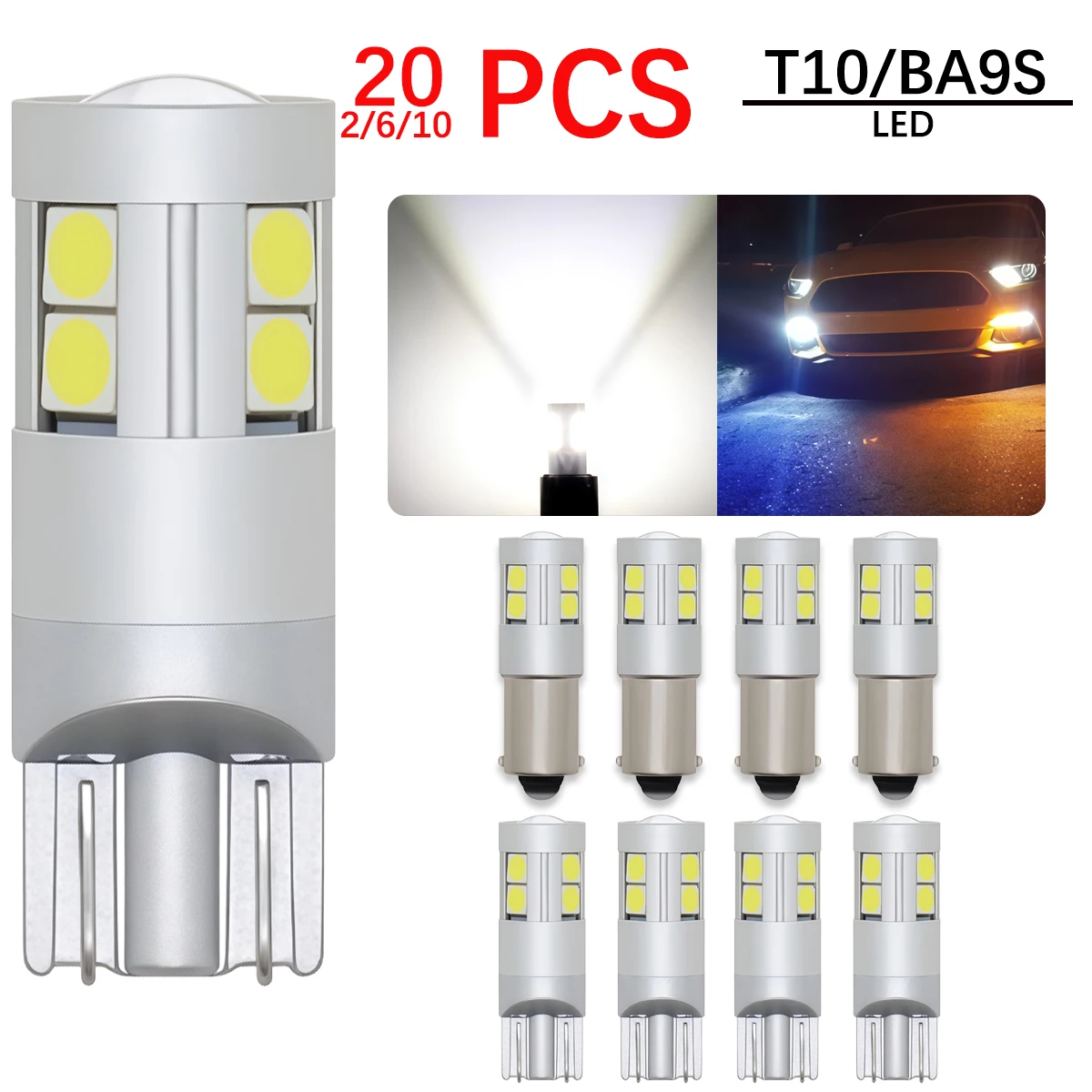 

10/20PCS T10 W5W BA9S LED Bright T10 LED Bulb 9 SMD 3030 Car Interior Light 12V 24V 6000K White led Side Clearance Lights