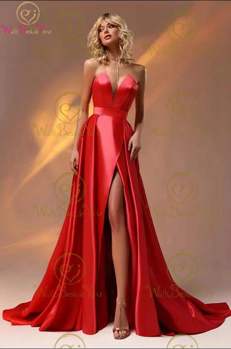 Red Prom Dresses 2024 Satin Long Strapless V Neck A Line Front Split Sweep Train Formal Party Evening Gowns Graduation Women