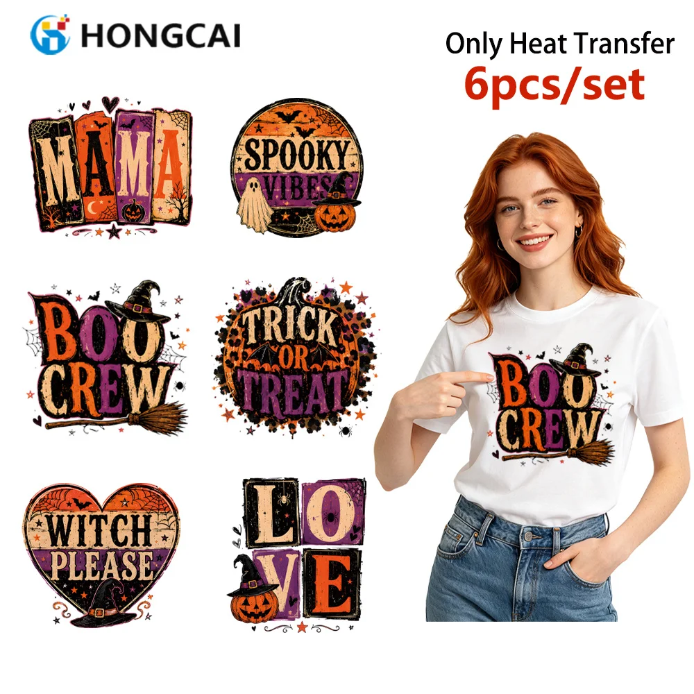 6Pcs American Retro Halloween Letter HTV Iron-on Patches, Colorfast, Wash Resistant, DIY Holiday Decor for Clothes, Bags Pillows