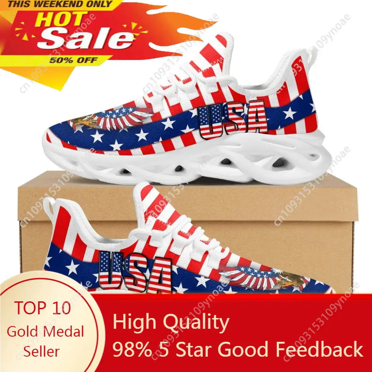 

Summer Lace-up Air Cushion Sneakers American Eagle USA Flag Print Mesh Running Shoes for Womens Mens Round Toe Flats