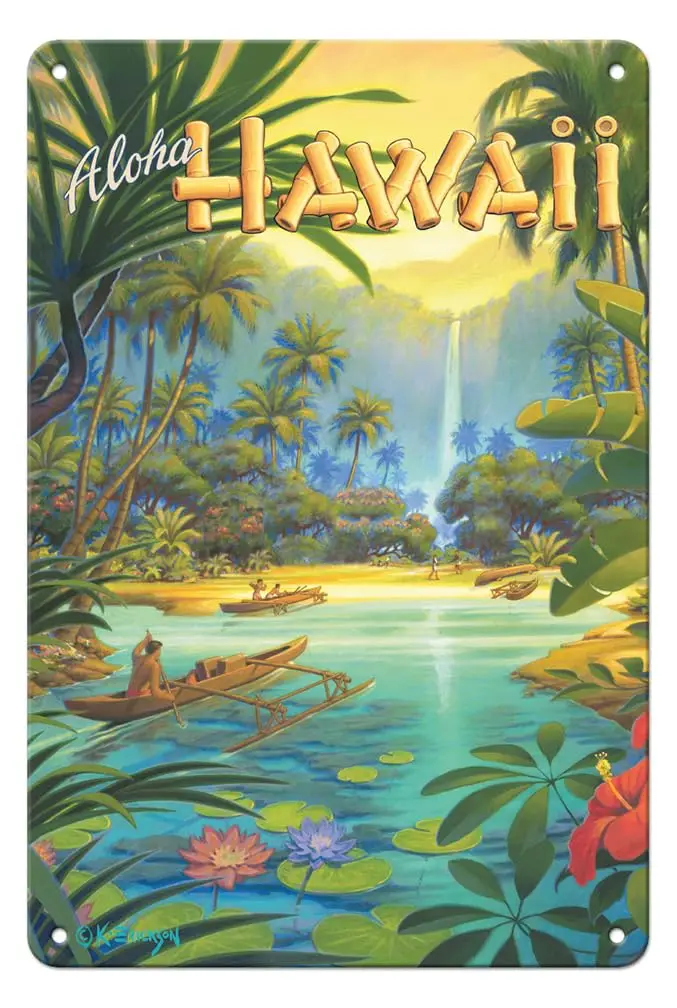 Aloha Hawaii - Vintage Hawaiian Travel Poster by Kerne Erickson - 8 x 12 inch Vintage Metal Tin Sign