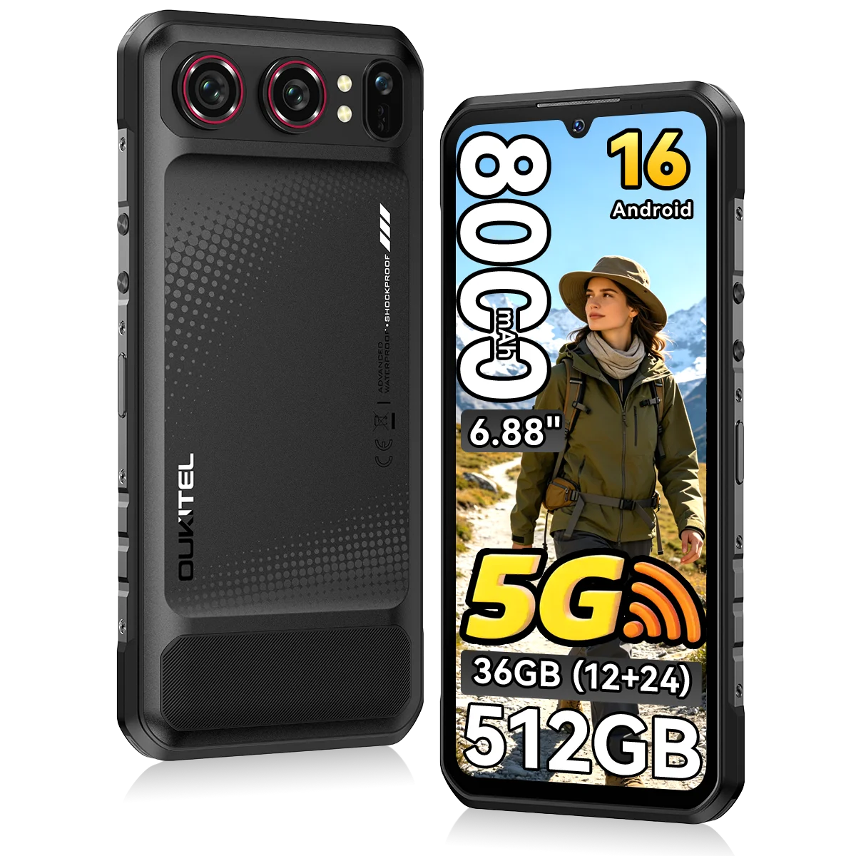 [Verzending vanuit Polen] Robuuste 5G-smartphone OUKITEL WP68 Air, 36GB (12+24) RAM + 512GB ROM, 8000mAh-batterij, 45W snel opladen, 6,88-inch 120Hz-scherm, Dimensity 7025-processor, Android 16.0,