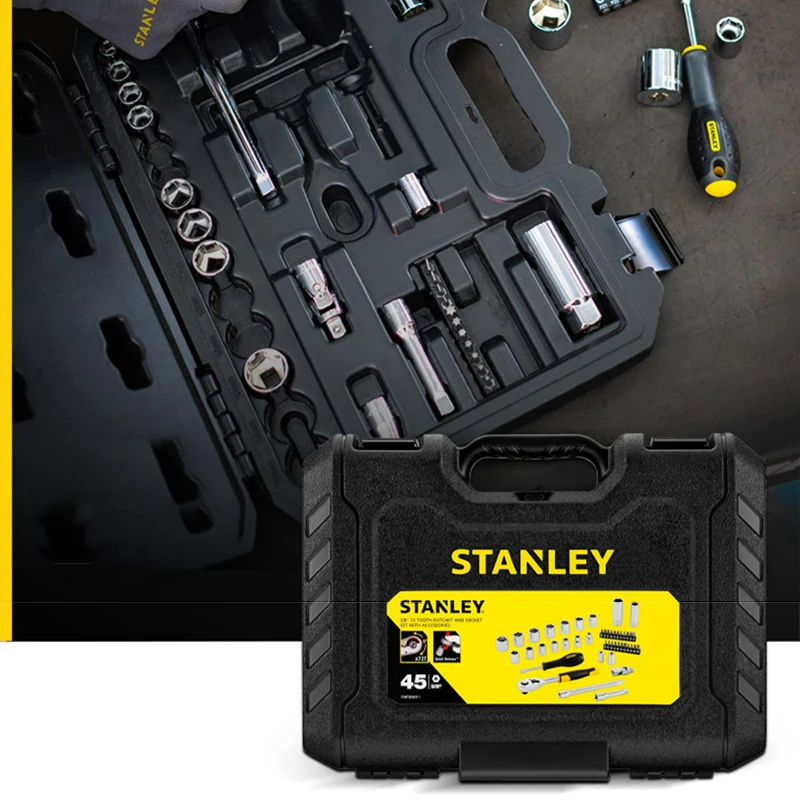 Stanley STMT82829 45Pcs Metric 10mm(3/8inch) Professional Car Repair Wrench Set Include Ratchet Wrench Handle Sockets Spark Plug