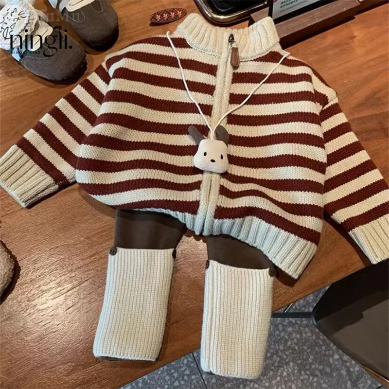 

Girls Sweater Coat New Korean Style Autumn and Winter Baby Girl Fashionable Thickened Knitted Cardigan Suit