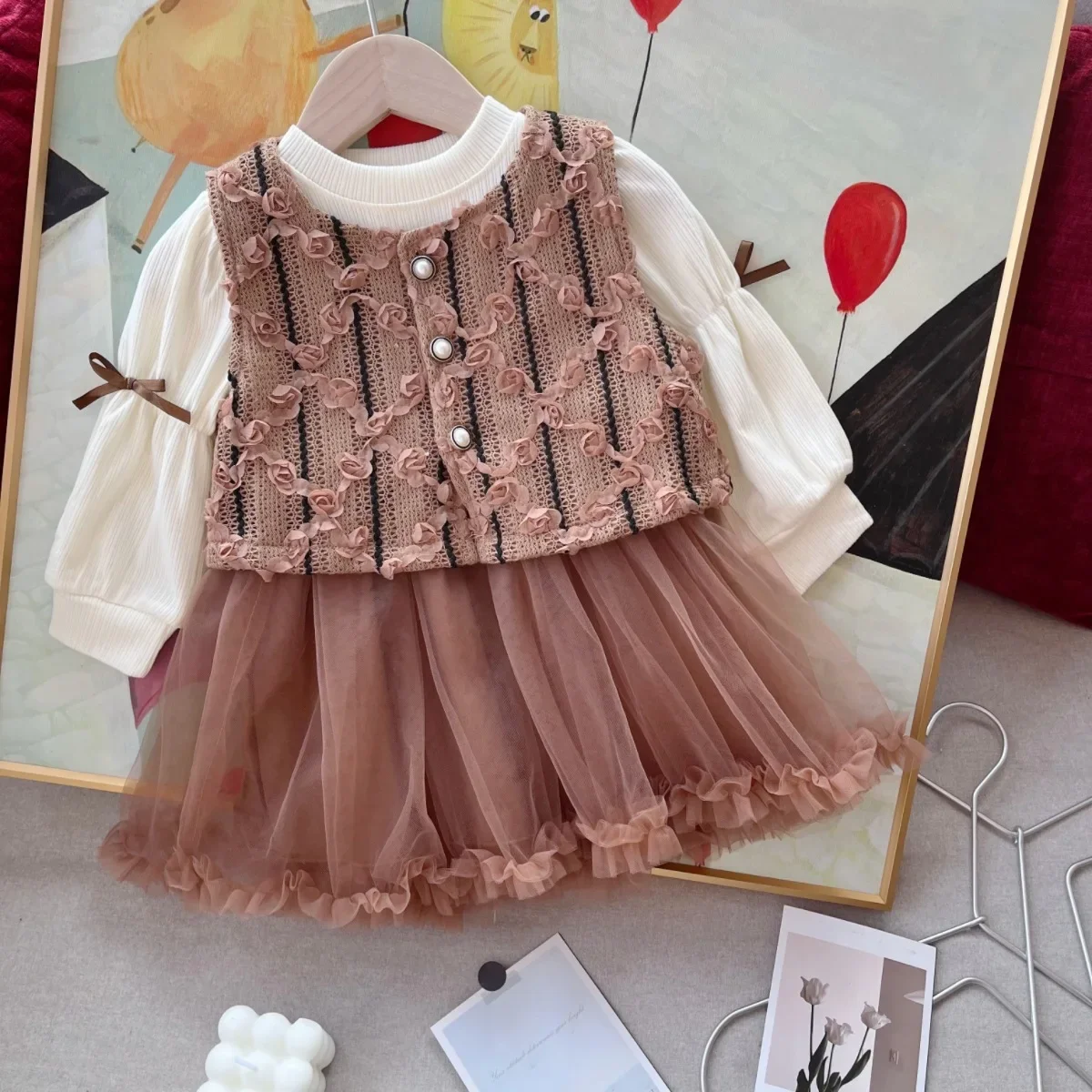 2024 Spring and Autumn New Girls' Knit Chanel Style 3D Rose Vest Tank Top Patchwork Long Sleeve Mesh Dress