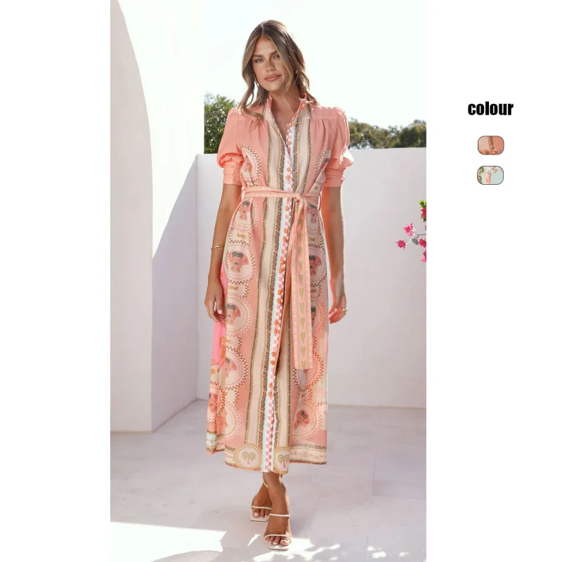 

Bohemian Printed Shirt Dress Women Button Down Belted Waist Half Sleeve A Line Casual Summer Beachwear Vacation Midi Dress