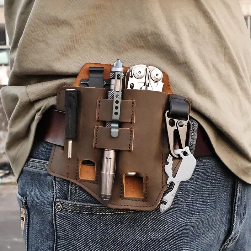 حامل متعدد المهام للعمل في الهواء الطلق، حزمة مراوح تكتيكية، منظم من الجلد الطبيعي، أداة سكين قابلة للطي، حقيبة حزام الخصر #6