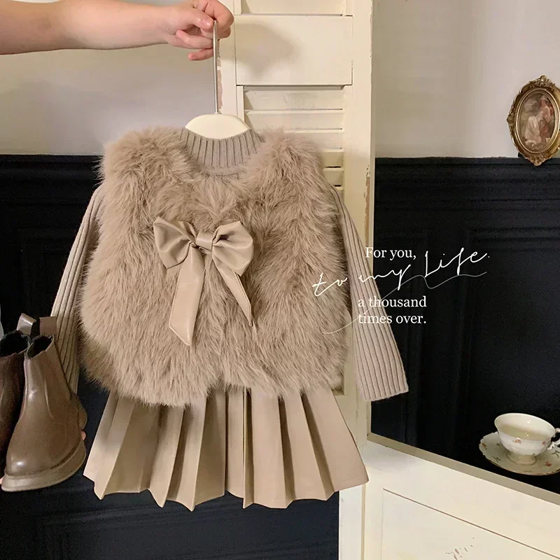 Kid Clothes Suit Korean Style The Girl Suit Autumn and Winter Children Fashion Fur Coat Coat Knitted Top Pleated Leather Skirt