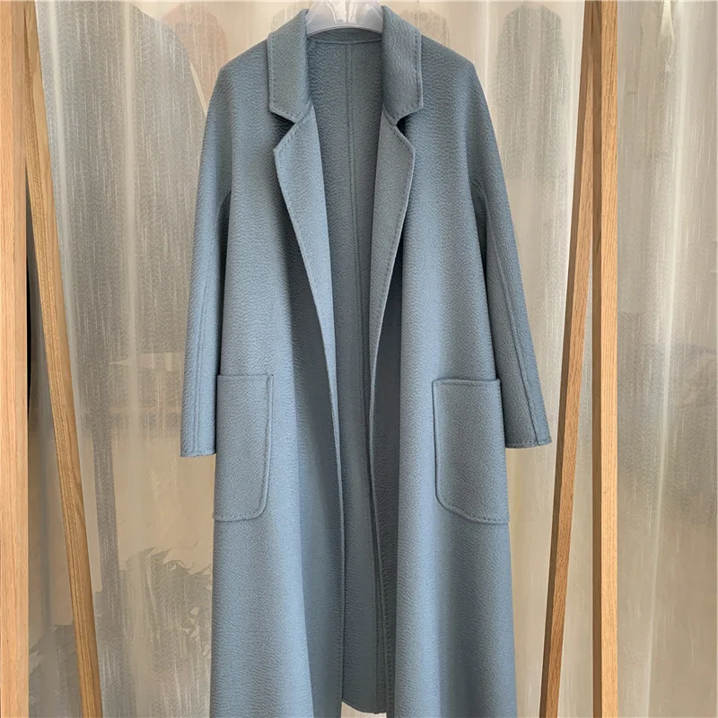 

2023 Autumn Winter High-end Water Ripple Cashmere Coat Long Women Double-sided Cashmere Coat Lace-up Fashion Lapel Female Clothi