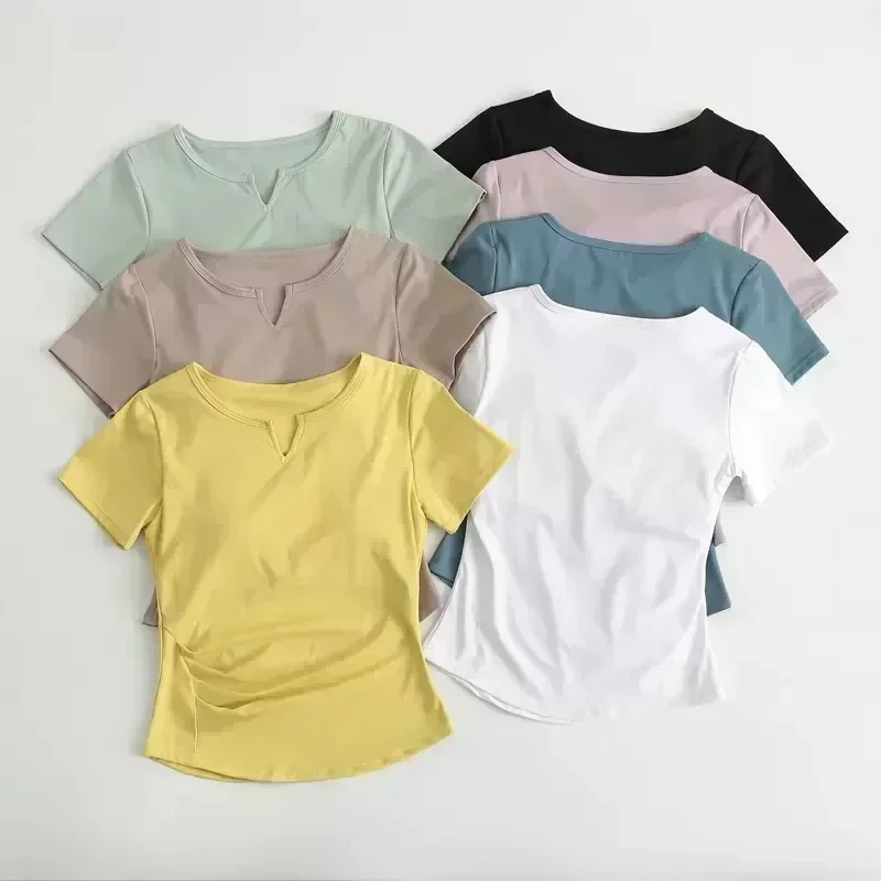 

Lemon Women V Neck Comfortable Elastic Fitness Running Short Sleeve With Chest Pad Yoga Clothes Sports Tight Tops Spring Summer