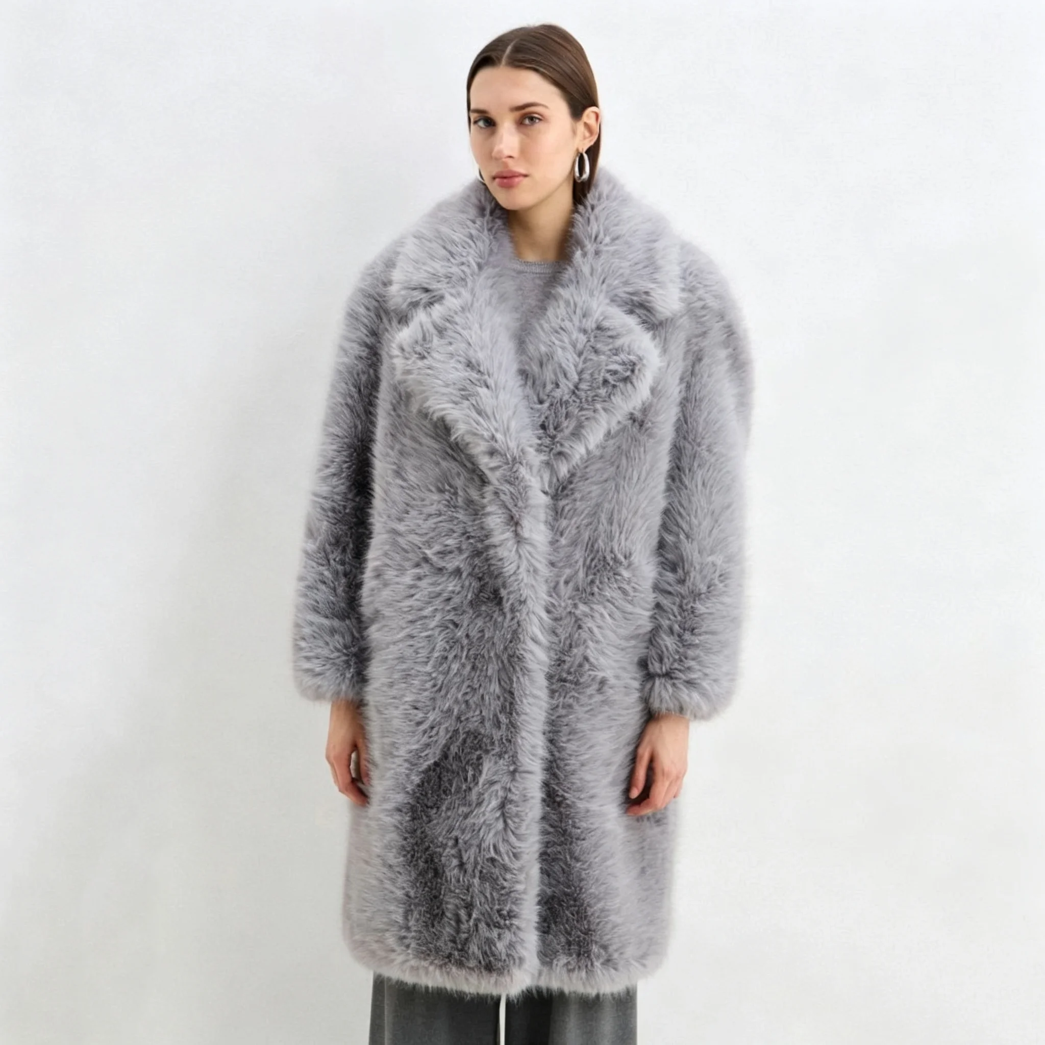RU 2026 Women Notched Lapel Faux Fur Coat Mid Long Loose Fluffy Plush Warm Outerwear For Daily Elegant Street Fashion Outfits