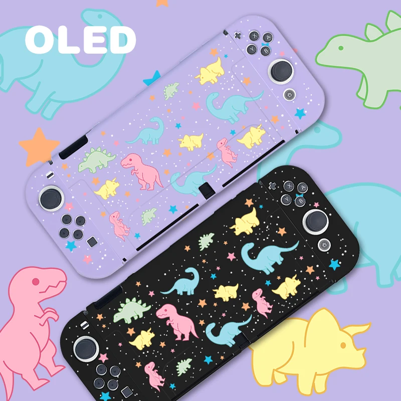 Kawaii bonito pastel roxo dinossauro funda nintendo switch oled caso acoplável escudo protetor tpu para controlador de interruptor joy-con