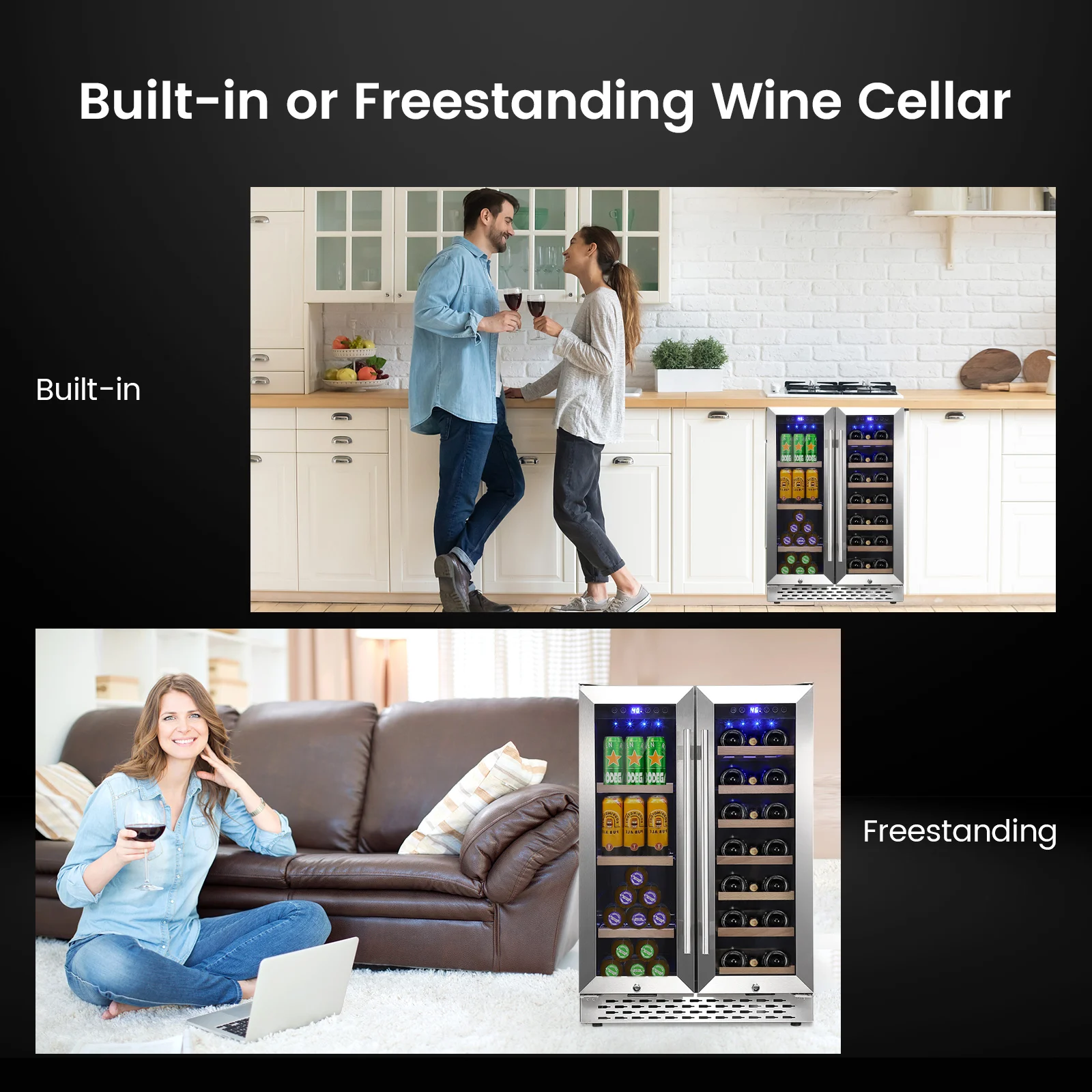 Wine and Beverage Refrigerator 24 Inch Dual Zone Wine Cooler with 40 Bottles Wine Capacity, 120L Built-in and Freestanding