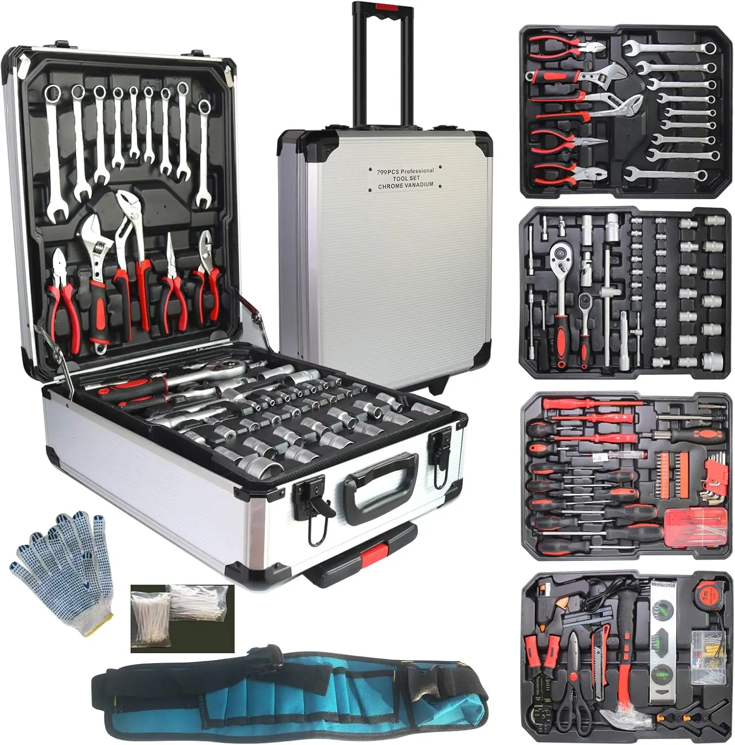 

799pcs Aluminum Trolley Case Tool Set Silver House Repair Kit Set Household Hand Tool Set with Tool Belt Gift on Father's Day (S