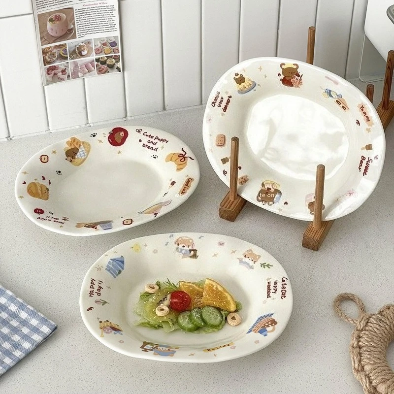 

Эллиптические тарелки в свежем стиле, мультяшная тарелка для завтрака, высококачественные тарелки с рыбой, керамическая легкая тарелка для еды, милые тарелки для фруктового салата