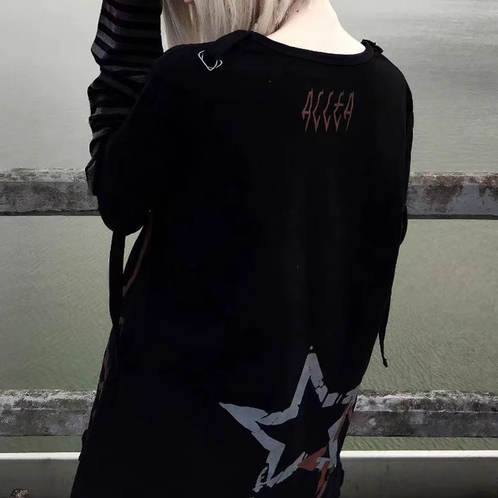 

2025 Harajuku Эмо, черная футболка с длинными рукавами и мультяшным принтом, лоскутная Эмо, осень-зима, повседневные свободные футболки в стиле хип-хоп для девочек, уличная одежда
