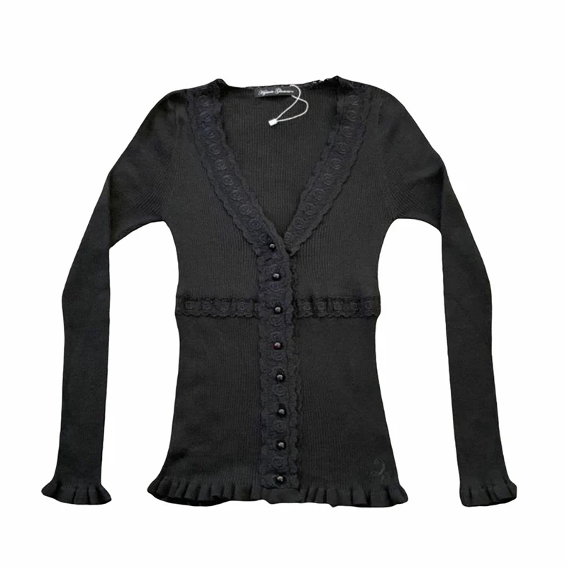 2023 Lace Shirt Fairy Grunge Clothes y2k Aesthetic Single Breasted Long Sleeve Tops Women V Neck Ribbed Tee Streetwear