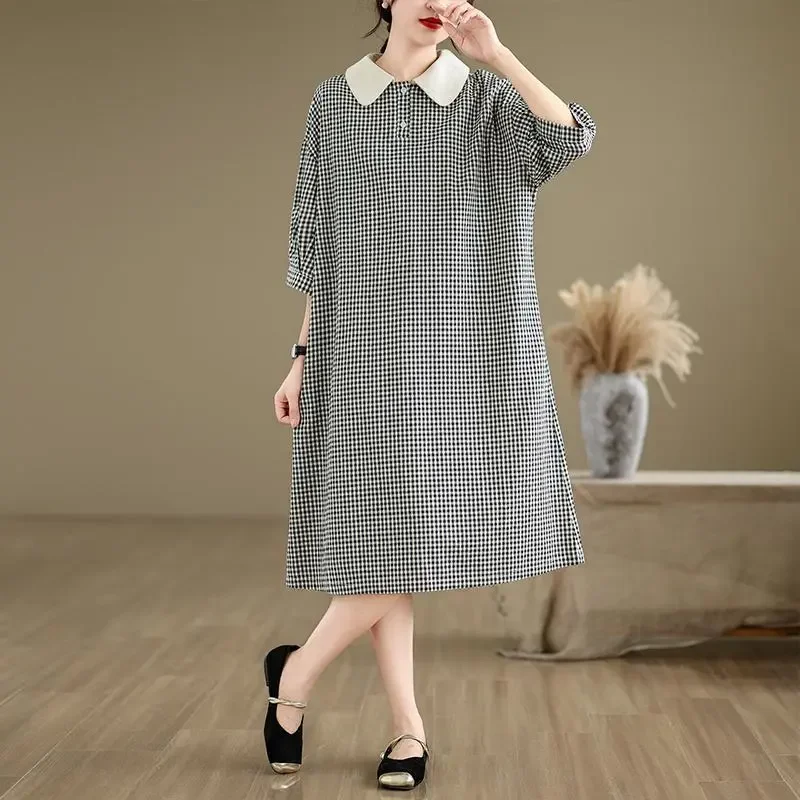 Black White Gingham Linen Blend Dress Women Peter Pan Collar Loose Casual Midi Dress