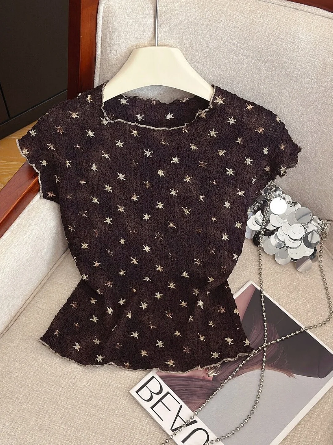 

High-End Women's Short Sleeve Printed Top Summer Slimming Age-Defying Star Print Casual Loose Fit round Neck T-Shirt