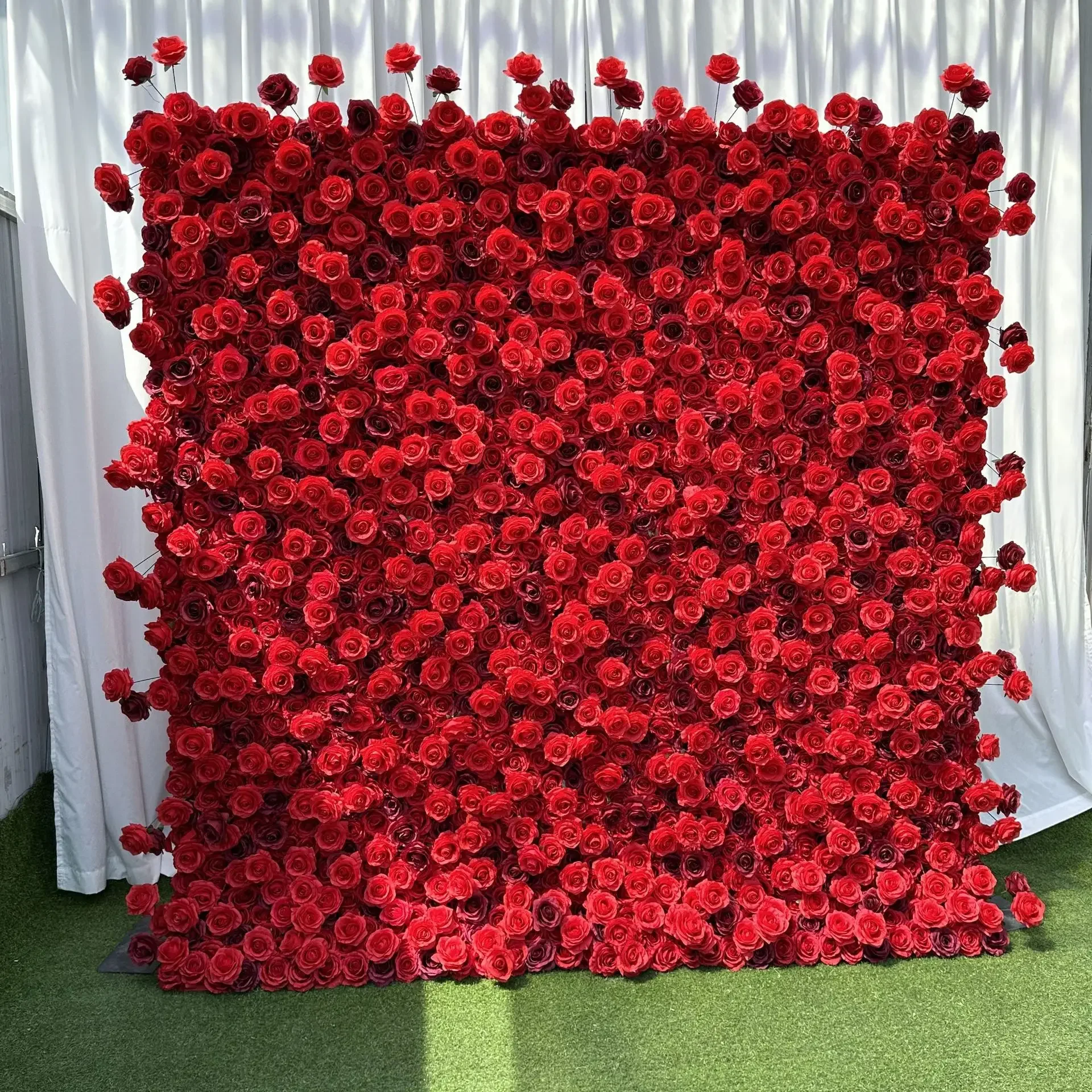 Cloth bottom flower wall, simulated red roses, flower green plants, floral background wall, background wall wedding dress