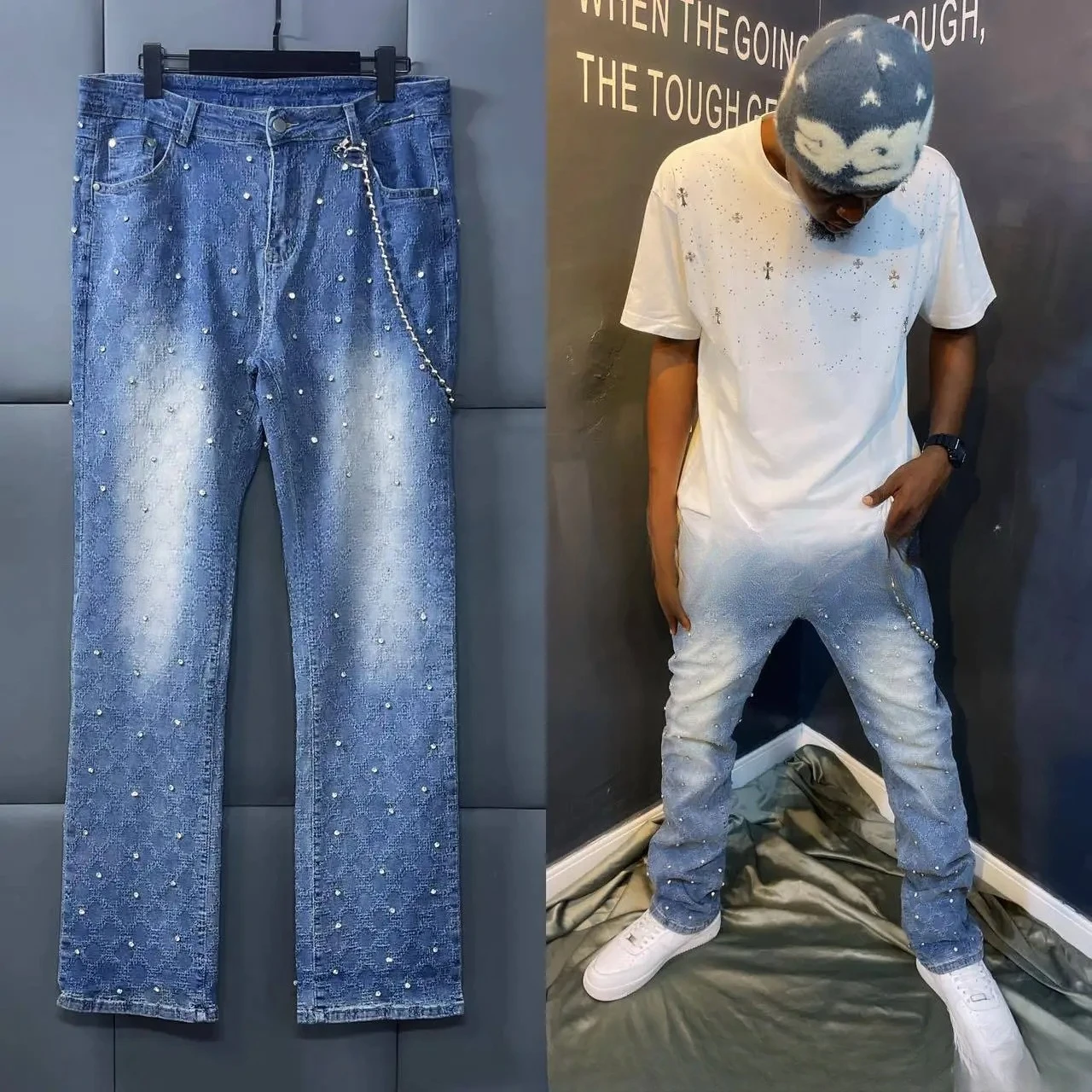 

Рваные мужские джинсы с жемчугом, джинсовые брюки со средней талией, облегающие однотонные узкие брюки-карандаш в стиле панк, потертые брюки до щиколотки, осень