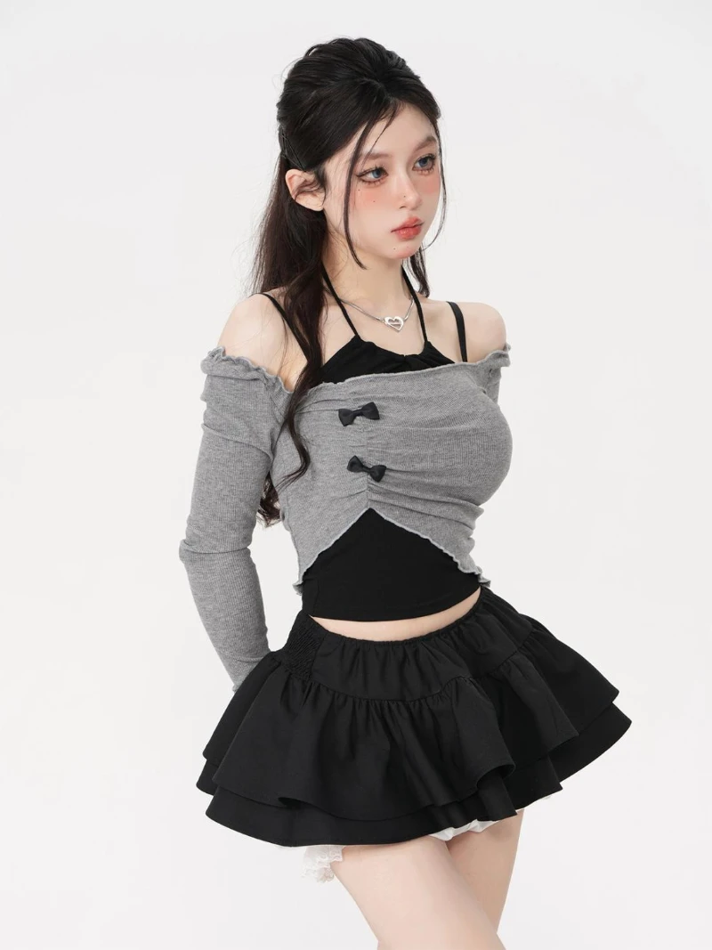 Y2K Grey Two Piece Set Spicy Girl Top Slim Sexy Hotsweet Women Short Shirt Off Shoulder Long Sleeved T-shirt Hanging Neck Bow