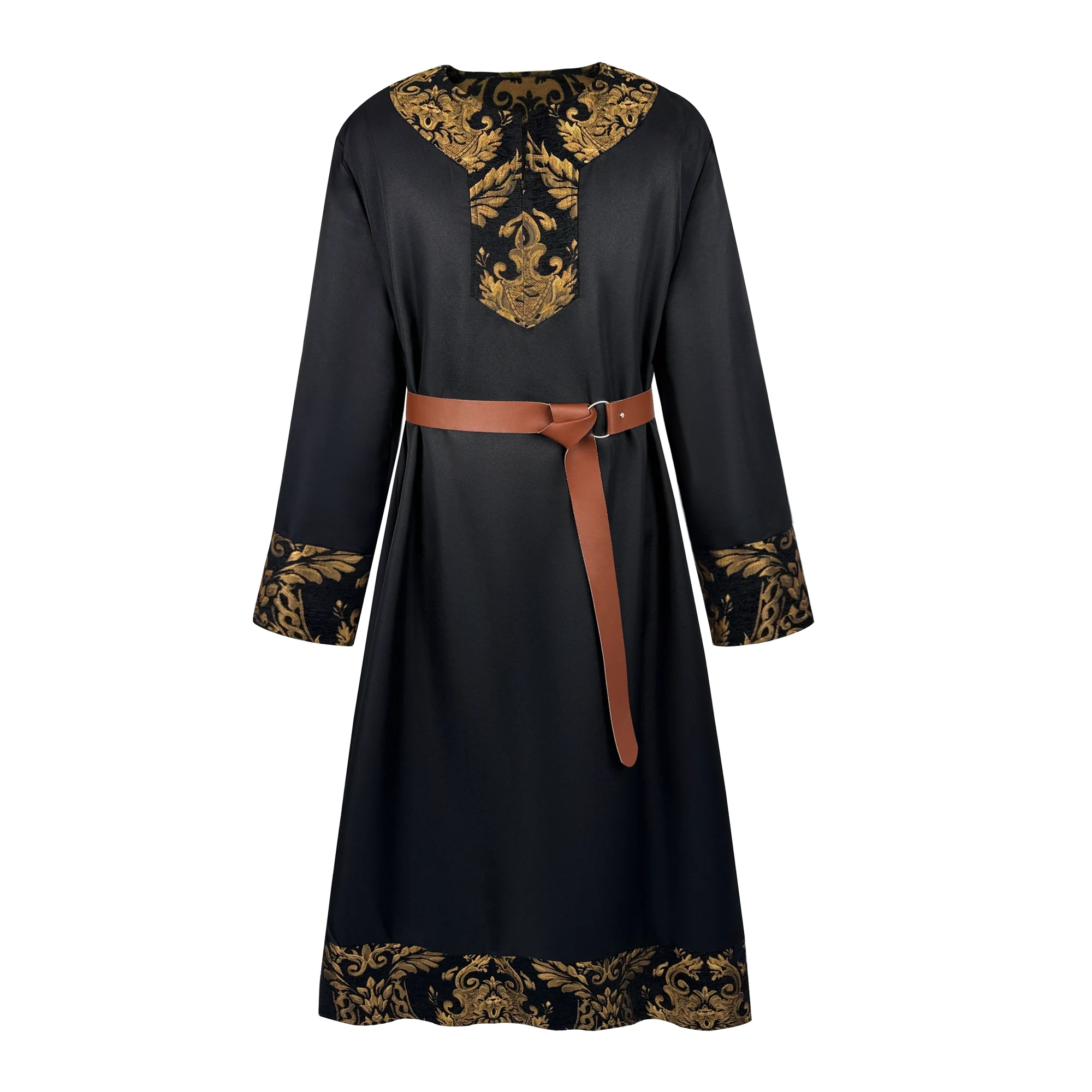 Túnica Medieval Renacentista para Hombre, Vestido Largo con Cinturón y Estampado Barroco Dorado Vintage, Disfraz Gótico Retro para Cosplay
