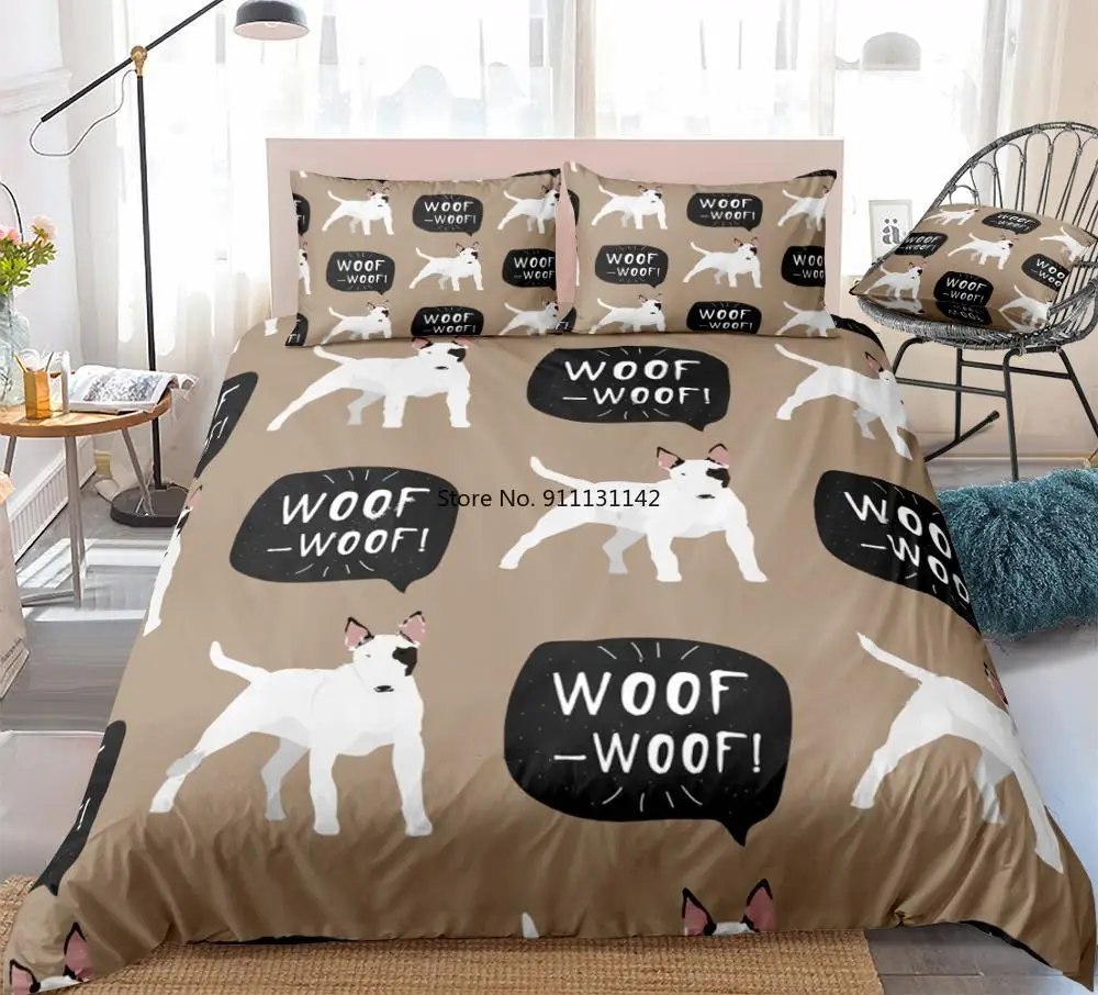 3 Pieces Bull Terrier Duvet Cover Set Cartoon Bull Terrier Dog Bedding White Dog Quilt Cover Queen Bed Set White Pet Dropship