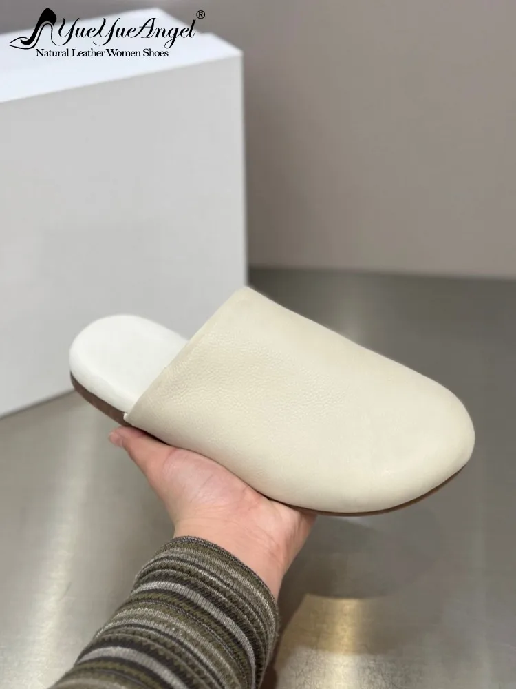 Women Comfortable Flats Close Toe Slides Genuine Leather Slippers Spring Summer Breathable Casual Shoes Slip On Loafers Slippers