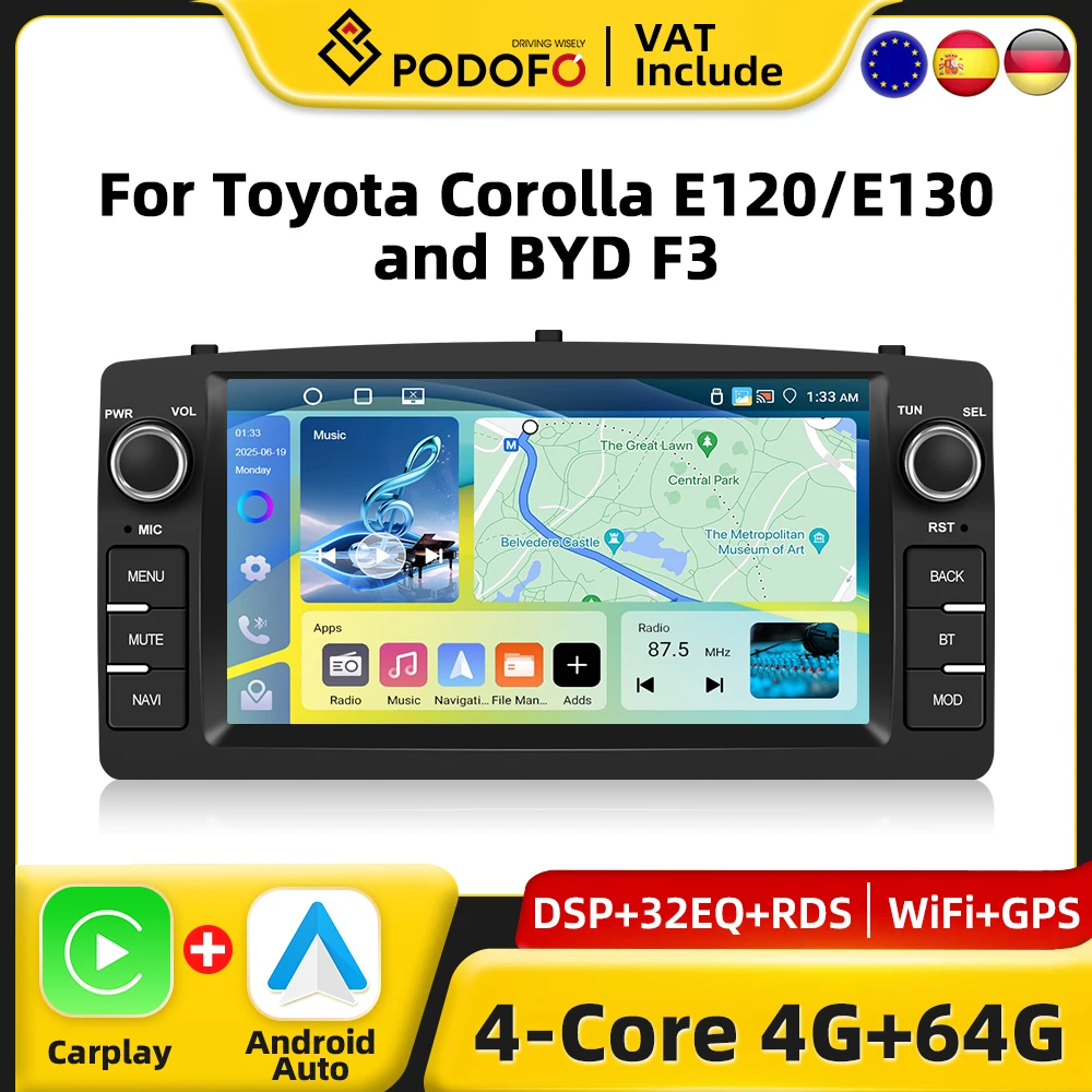 Podofo CarPlay Android Radio pour Toyota Corolla E120 E130 lecteur multimédia de voiture 2din GPS stéréo système Intelligent FM autoradio