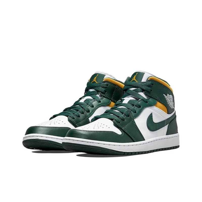 Original Air Jordan 1 Mid Seattle Supersonics High Top Retro Basketball Shoes Men\'s White Green Yellow Sneakers 554724-371