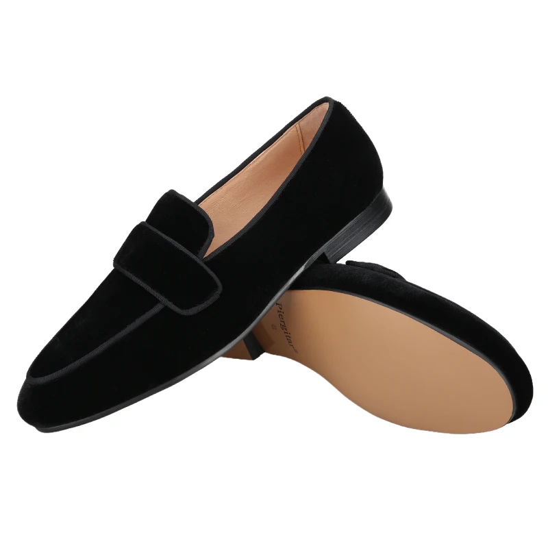Piergitar Black Color Velvet Slip-On Loafers Can Be Worn Casual Or Formal Handmade Smoking Slippers Breathable Leather Insole