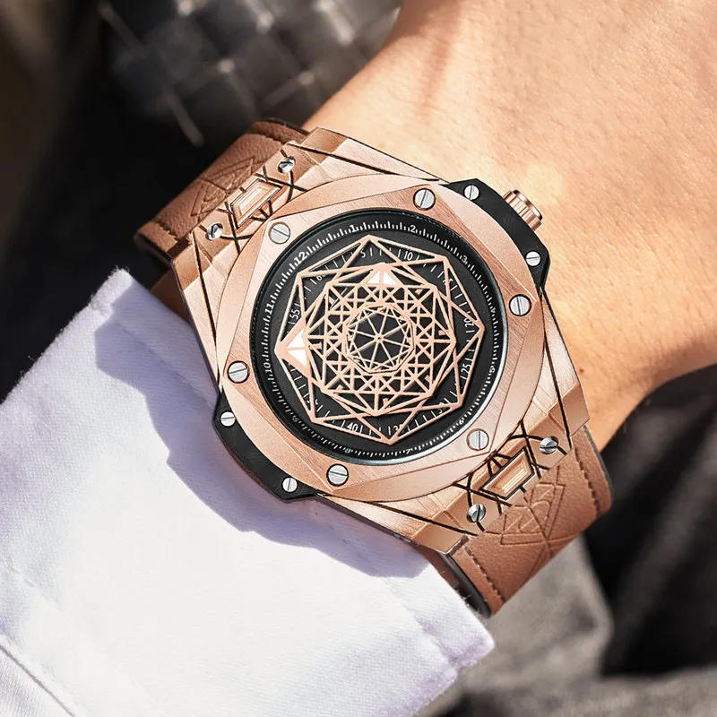 The Round Men Creative Multilayer Geometric Pointer Big Dial Watches Leather Band Fashion Casual Quartz Watch Relogio Masculino