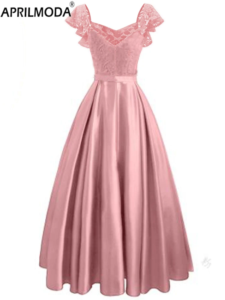 Elegante wunderschöne rosa türkis farbene Rüschen ärmel Party Satin langes Kleid Spitze Ballkleider Hochzeit Dame Herbst Abend Maxi kleider