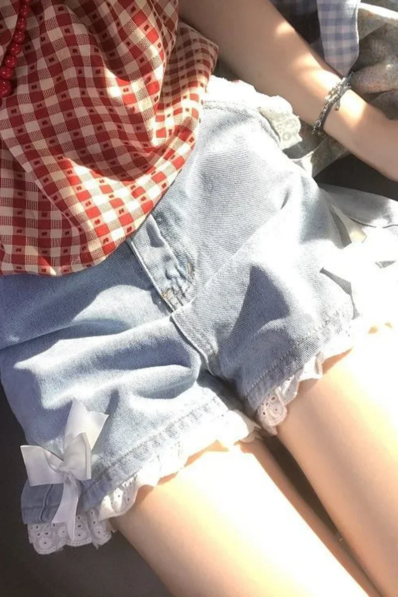 Japanese Lolita Soft Girl Denim Shorts Female Student Spring Summer High Waist Lace Bow A- Line Wide Leg Shorts Jeans Hot Pants