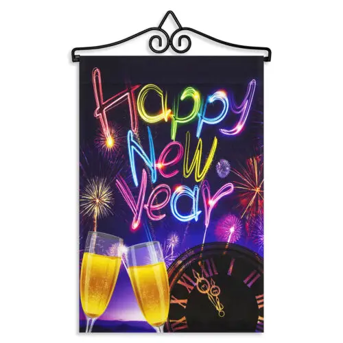 Garden Flag Happy New Year Fireworks and Champagne 12x18IN & Hanger Printed Poly