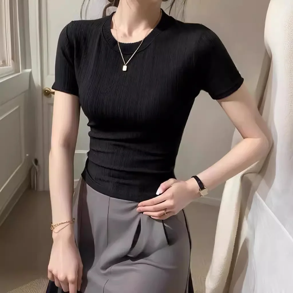 Summer Womens Y2k Harajuku T-shirt Casual Short Sleeve Tops Korean Fashion Knitted Clothes for Women White Black T-shirts 2024
