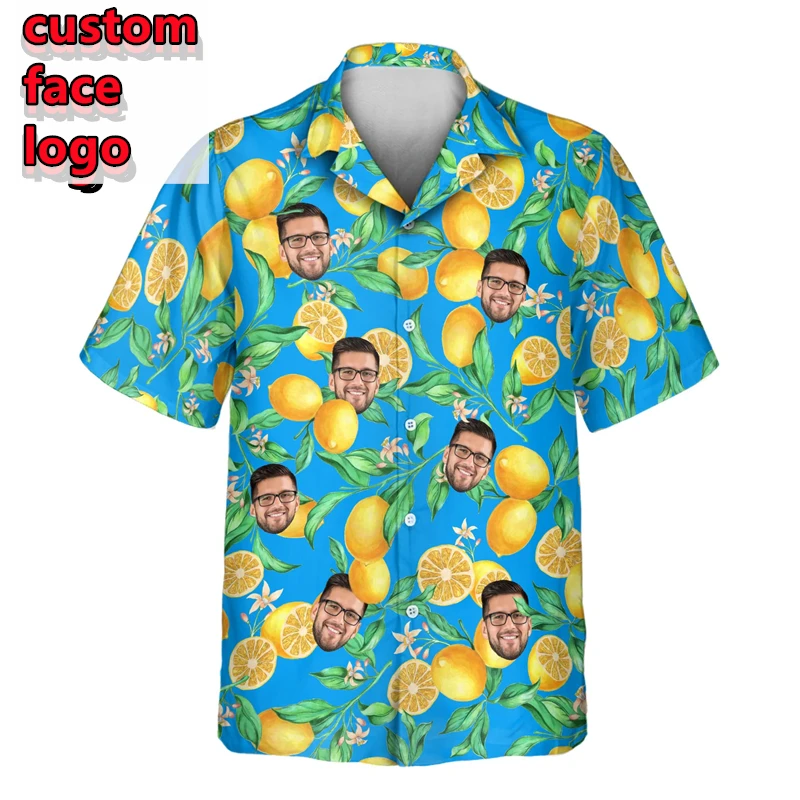 Custom Photos Hawaiian Shirt Men Women Fruits Pattern  DIY Personality Button Shirts Summer Funny Party Blouse Gift For Family