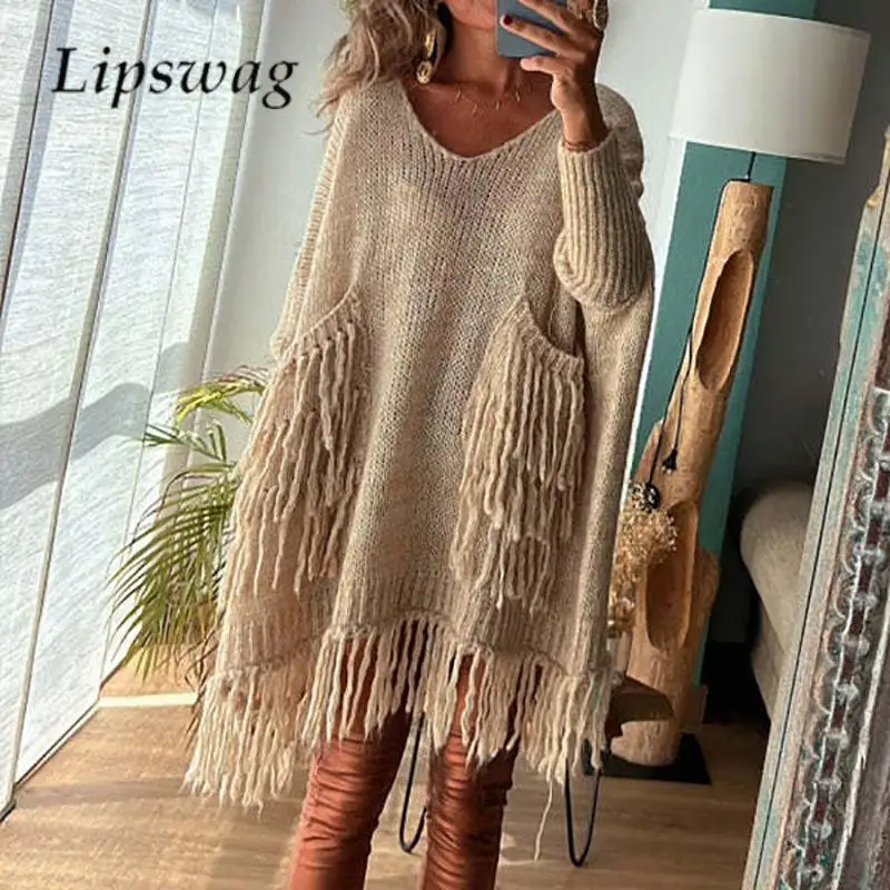 Autumn Women Solid Color Irregular Pullover Dress Fashion V Neck Long Sleeve Tassel Knitted Sweater Casual Loose Ladies Sweater