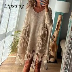 Autumn Women Solid Color Irregular Pullover Dress Fashion V Neck Long Sleeve Tassel Knitted Sweater Casual Loose Ladies Sweater