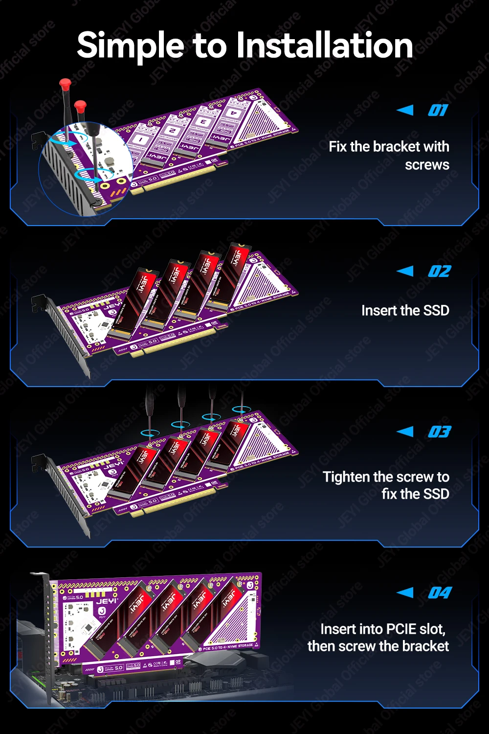 JEYI 4-Bay PCIe 5.0 X16 Quad M.2 Erweiterungskarte NVMe RAID 0/1/5/JBOD Adapter 512 Gbit/s Geschwindigkeit 8 TB pro SSD Kompatibel PCIe 4.0/3.0 – Detail 10