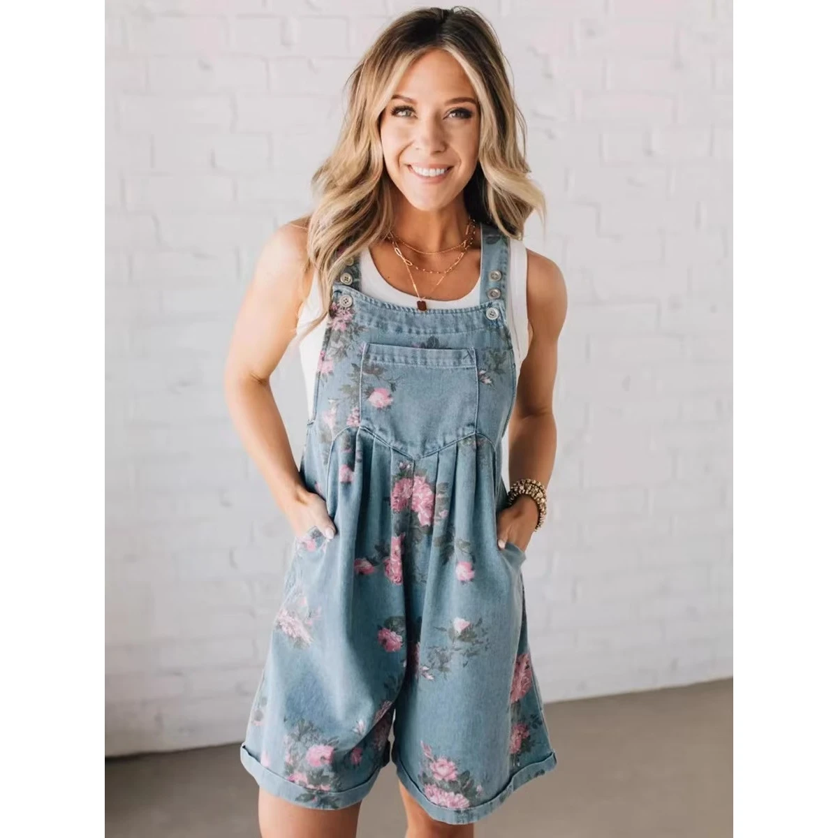 

Casual Denim Floral Print Overalls Women's Sleeveless Jumpsuit Fashionable Commute Style mid Waist Cotton Fabric