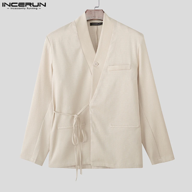 

INCERUN Men Blazer Solid Color V Neck Long Sleeve Casual Male Suit Streetwear Lace Up Loose Fashion Blazer Thin Coats Men S-5XL