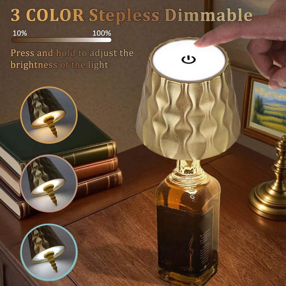

Wireless Bottle Lamp Shade Portable LED Bottle Lamps 3 Color Stepless Dimming Rechargeable Touch Wine Bottle Lamps for Bar Decor